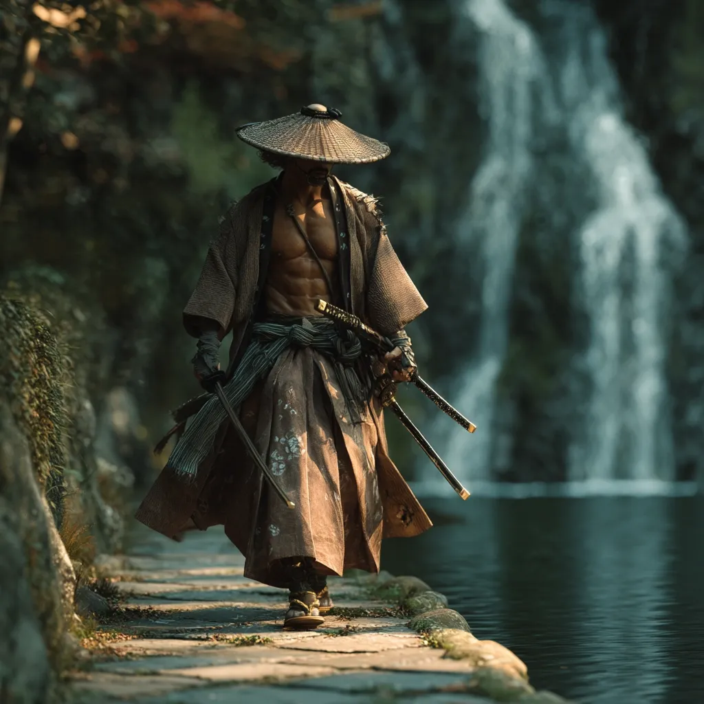 A muscular samurai, clad in traditional brown robes and a wide-brimmed hat, walks along a stone path.  Two swords are sheathed at his hip.  A serene waterfall and tranquil pond form a picturesque backdrop to this powerful image, suggesting a journey of peace or quiet strength. The lighting and overall mood are somber yet dramatic.