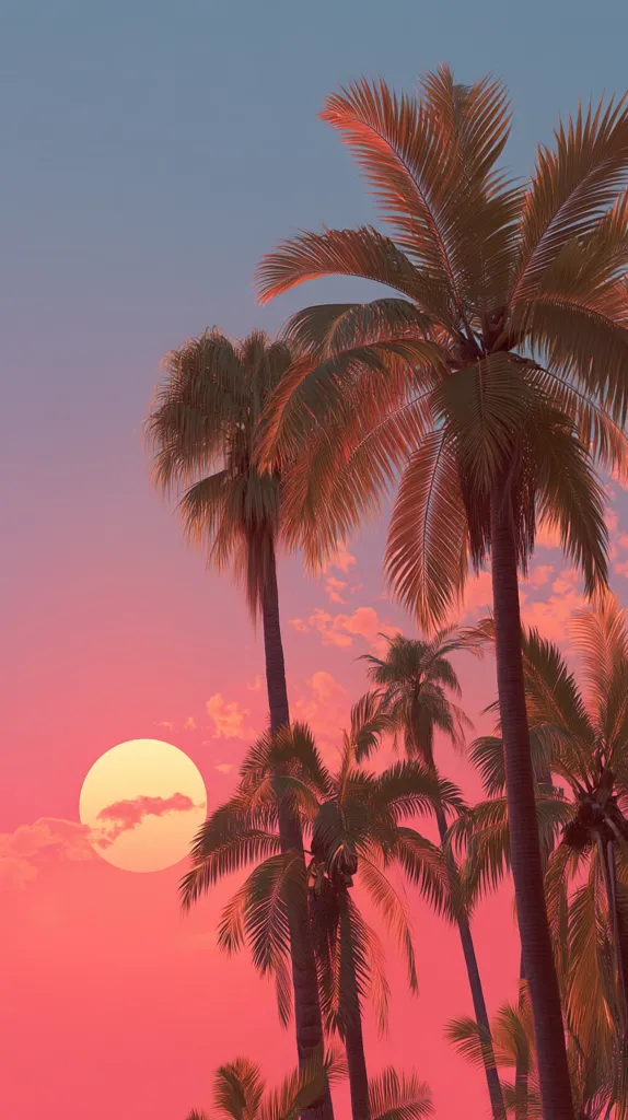 A vibrant pink sunset casts a warm glow on a cluster of palm trees. The large, full sun is partially obscured by clouds.  The silhouettes of the palm trees are detailed against the bright sky.  The overall aesthetic is tropical and dreamy, with a surreal, almost filtered quality to the colors.