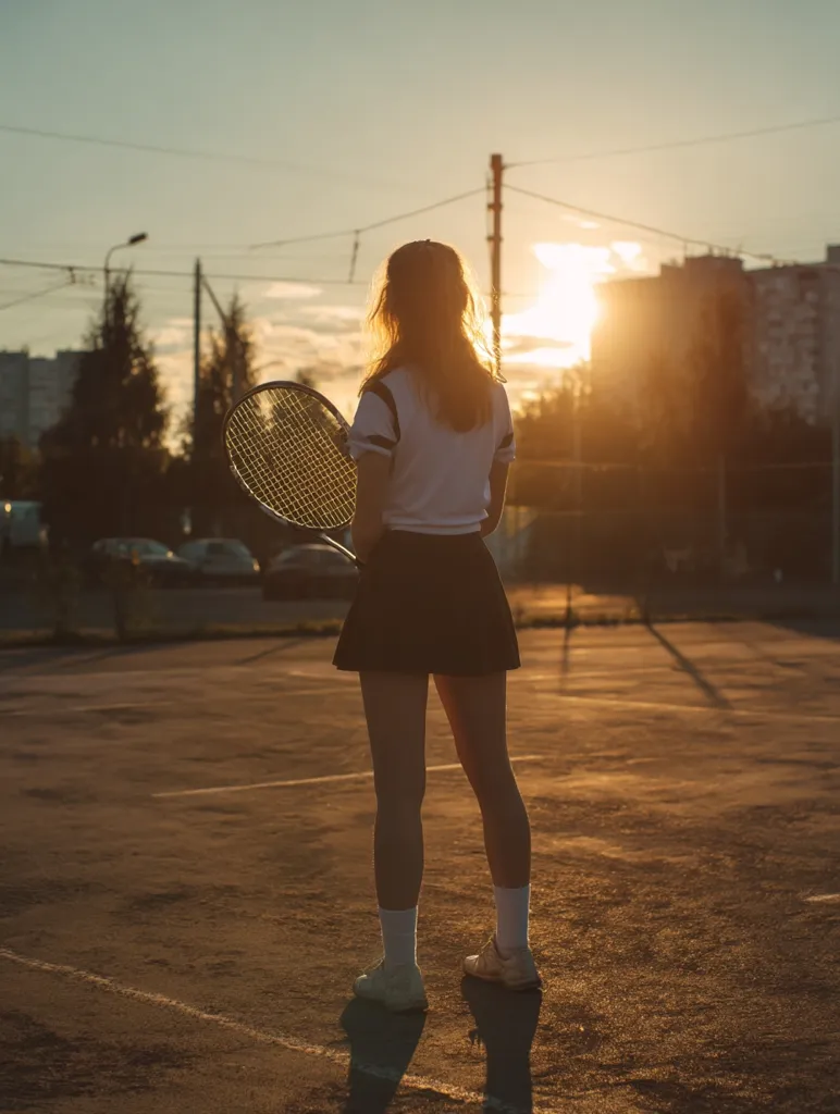 A young woman, silhouetted against a vibrant sunset, stands on a tennis court.  She holds a tennis racket, her back to the camera, dressed in a white shirt and dark pleated skirt.  The golden hour light casts long shadows, highlighting the tranquil atmosphere of the outdoor court.  The urban backdrop suggests a city setting.