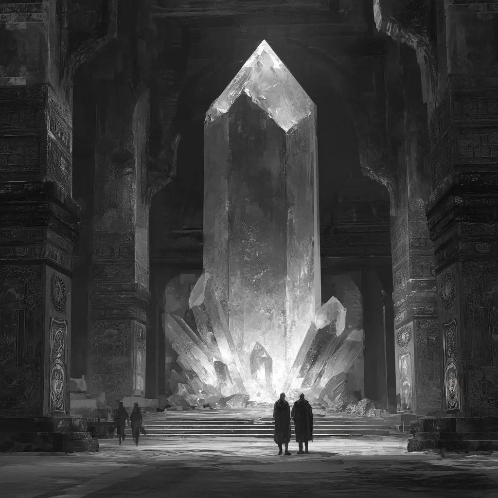A grayscale illustration depicts a grand, ancient hall.  A massive, luminous crystal dominates the center, radiating light. Two cloaked figures stand before it, dwarfed by its size.  The architecture is dark and imposing, with intricate carvings on stone pillars, suggesting a place of power or mystery.  Other figures are visible in the background, adding to the scene's sense of scale and atmosphere.