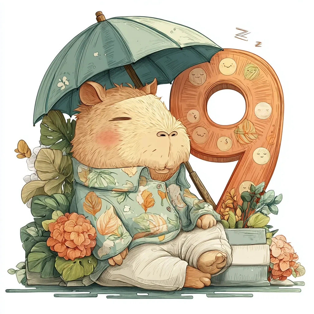 A charming illustration features a capybara, dressed in a leaf-patterned shirt and pants, sitting under a teal umbrella.  The number nine, composed of smiling faces, stands behind it.  Surrounding the capybara are lush green plants and orange flowers, creating a serene and whimsical scene. The capybara appears sleepy and content, suggesting a peaceful moment.