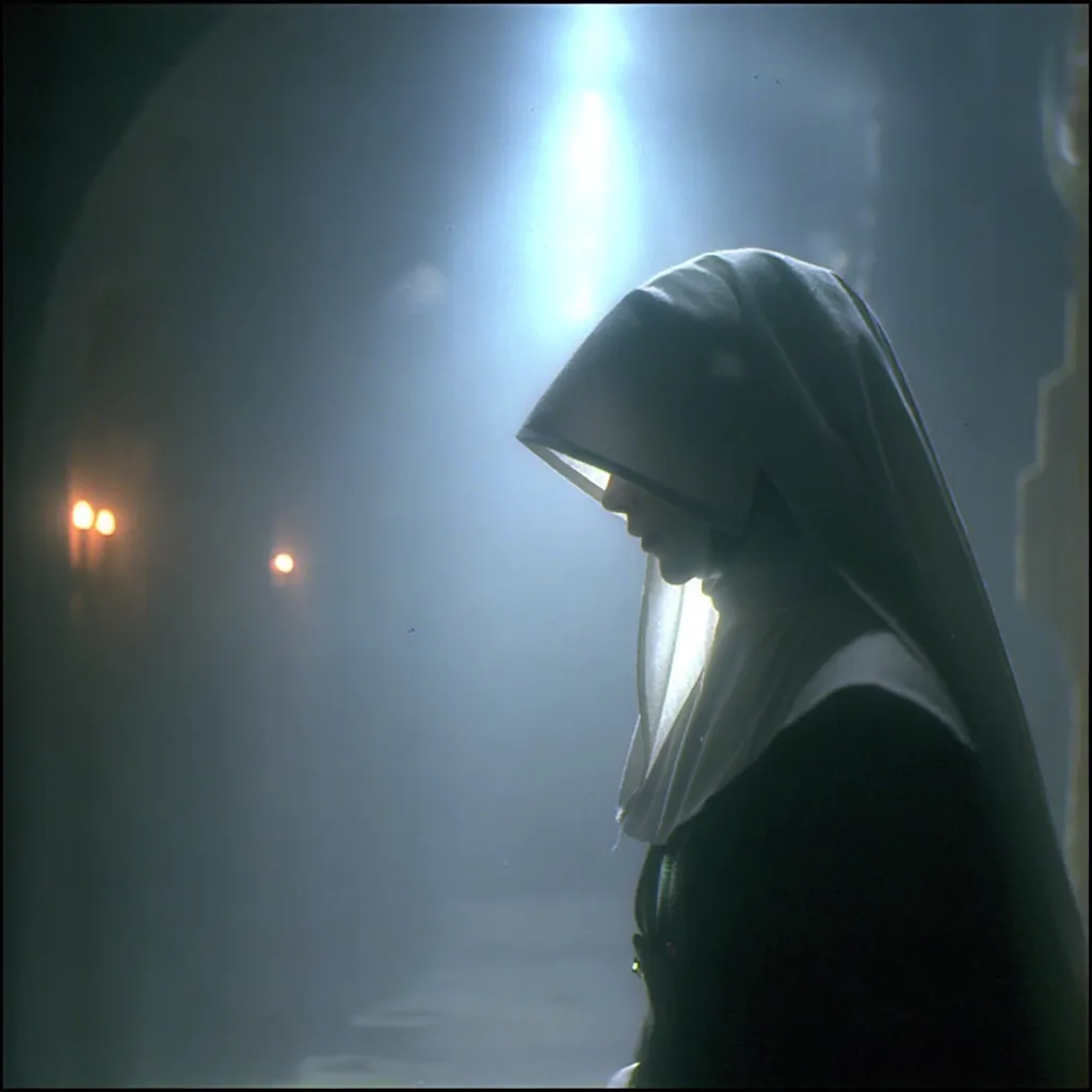 A nun, cloaked in a white habit, stands in a dimly lit hallway.  The scene is hazy, with soft light illuminating her from above.  Distant, faint candlelight is visible in the background, adding to the somber atmosphere.  Her head is bowed, suggesting contemplation or prayer.  The overall mood is one of quiet solitude and spirituality.