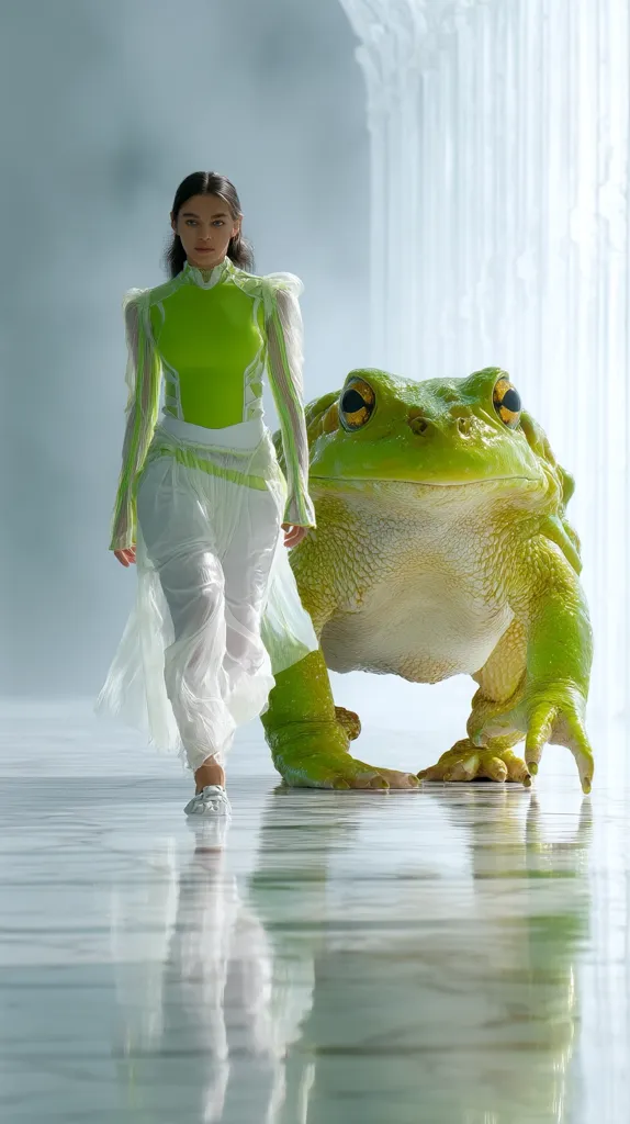 A fashion model in a lime green top and flowing white pants walks confidently beside a large, realistic-looking green frog.  The setting appears to be a minimalist, ethereal space with a reflective floor. The image evokes a surreal and whimsical mood, contrasting high fashion with an unexpected, oversized amphibian companion. The model's pose and the frog's presence create a striking visual narrative.