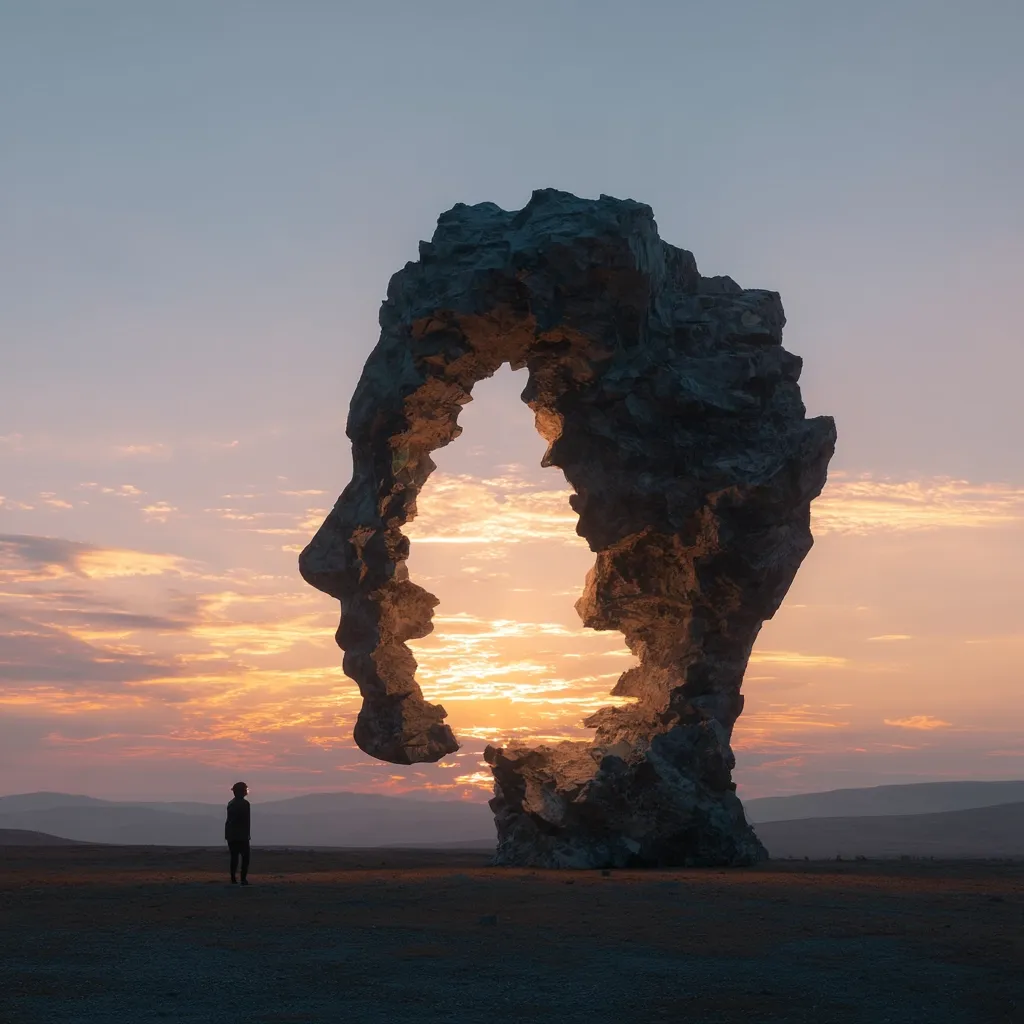 A solitary figure stands before a colossal rock formation sculpted into the shape of two faces, their profiles framing a sunset. The natural stone archway creates a captivating silhouette against the warm, vibrant sky.  The scene evokes a sense of contemplation and the vastness of nature, presenting a powerful visual metaphor.  The minimalist composition emphasizes the scale and mystery of the artwork.