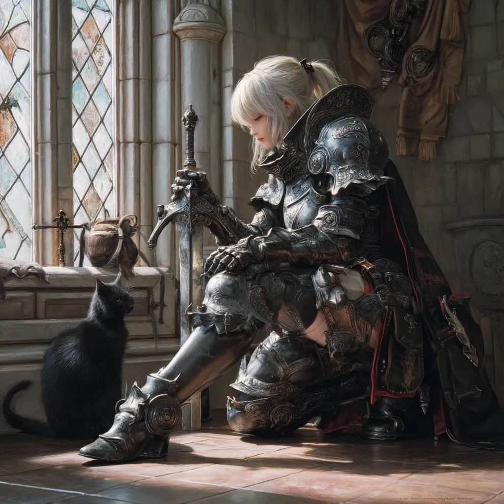 A female knight in ornate, dark armor kneels in a stone chamber, her sword resting beside her.  Sunlight streams through a gothic window, illuminating dust motes.  A black cat sits quietly nearby, observing the knight's pensive pose. The scene evokes a sense of solitude and quiet strength within a medieval setting.  The detail in the armor and the knight's expression is striking.