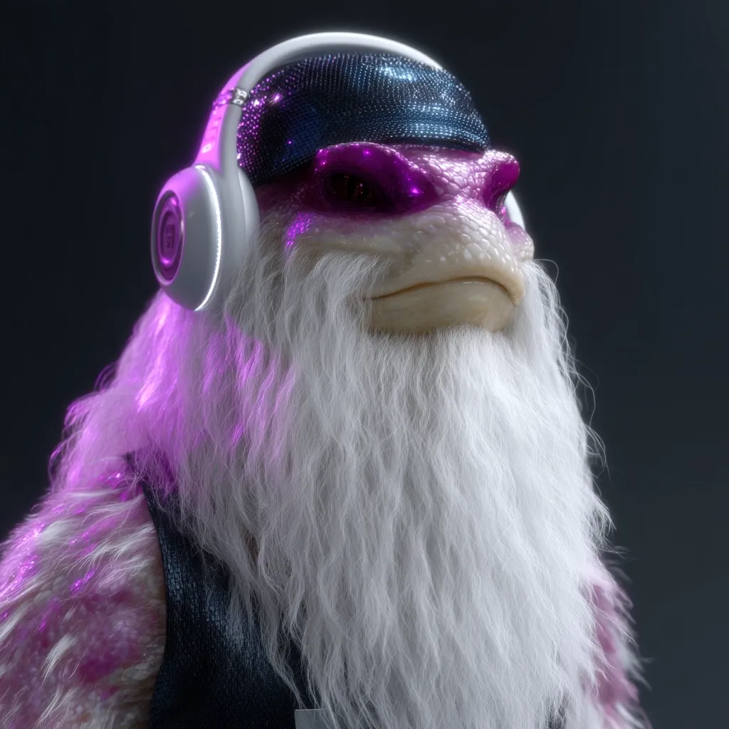 A digital rendering of a furry, reptilian creature with a long white beard.  It wears white headphones, a dark sequined headband, and a dark vest.  The creature's skin is a pinkish-purple, and its eyes glow with purple light. The overall style is whimsical and slightly futuristic.  The lighting highlights the texture of the fur and beard.