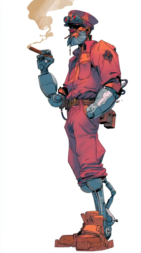 A stylized illustration depicts a grizzled, older man with a prosthetic arm and leg. He wears a red jumpsuit, a military-style cap with goggles, and hefty boots.  A cigar emits smoke from his robotic hand. His expression is serious, and he carries a small satchel. The overall style is reminiscent of comic book art, with bold lines and vibrant color.