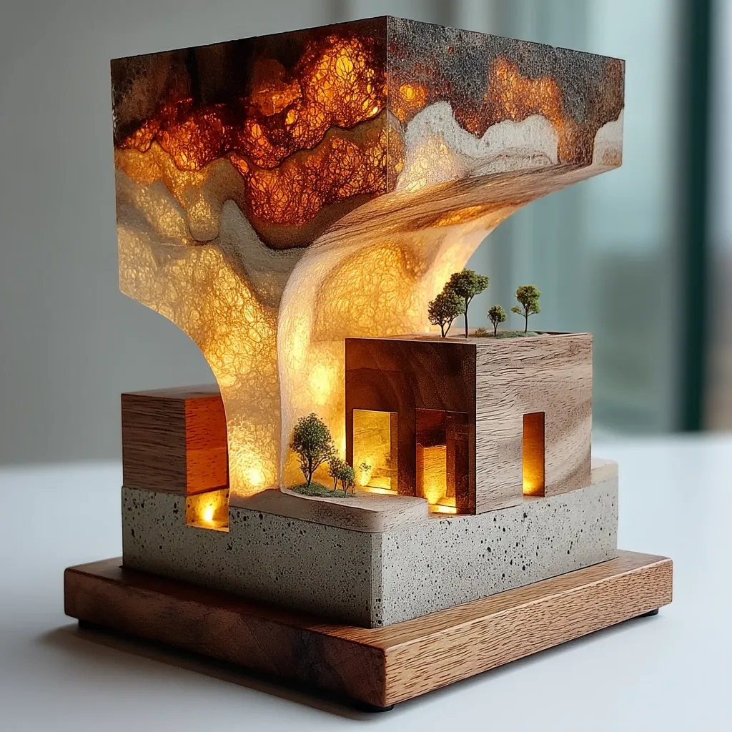 A miniature architectural marvel.  A resin and wood structure, illuminated from within, depicts a building nestled beneath a dramatic, translucent resin overhang.  Small trees adorn the roof and base, creating a serene, almost otherworldly scene. The warm lighting emphasizes the intricate details and craftsmanship, transforming the piece into a captivating work of art.  The base is a polished dark wood.