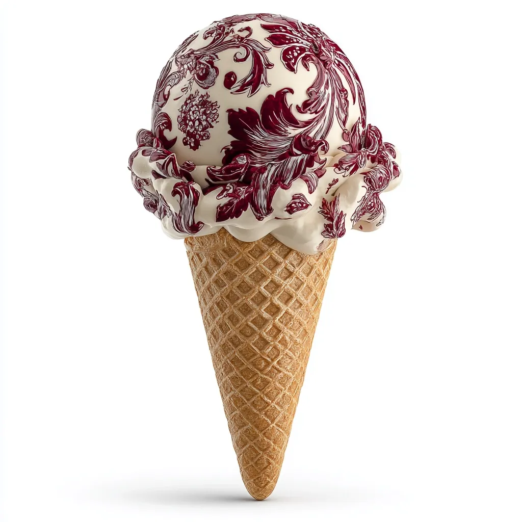 A digitally rendered image showcases an ice cream cone with an unusually large scoop. The scoop is spherical, adorned with an intricate, dark burgundy floral pattern on a creamy white base. The pattern resembles damask or toile, adding a touch of elegance to the dessert.  The cone itself is a classic waffle style, providing a contrast to the ornate ice cream. The overall presentation is visually striking and artistic.