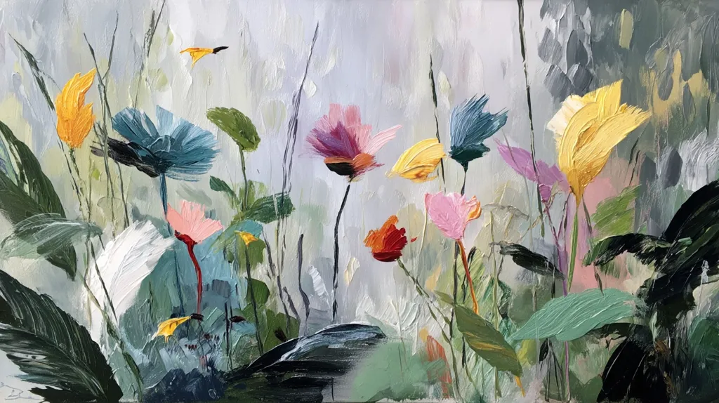 An abstract oil painting depicts a vibrant garden scene.  Various flowers in shades of pink, yellow, teal, and red bloom amidst lush green foliage.  The artist uses visible brushstrokes and a soft, hazy background, creating a dreamy, impressionistic effect.  The colors are bright and cheerful, suggesting a feeling of warmth and vibrancy.