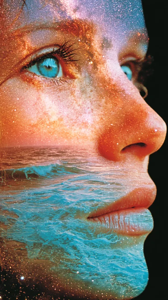 A close-up profile of a woman's face, superimposed with images of a starry night sky and ocean waves.  The woman's eye is a striking blue, contrasting with the warm tones of the cosmos and the cool blues of the sea. The effect is surreal and dreamlike, suggesting a connection between the human spirit and the vastness of the universe and nature.  The image is richly textured, with a glittering effect throughout.