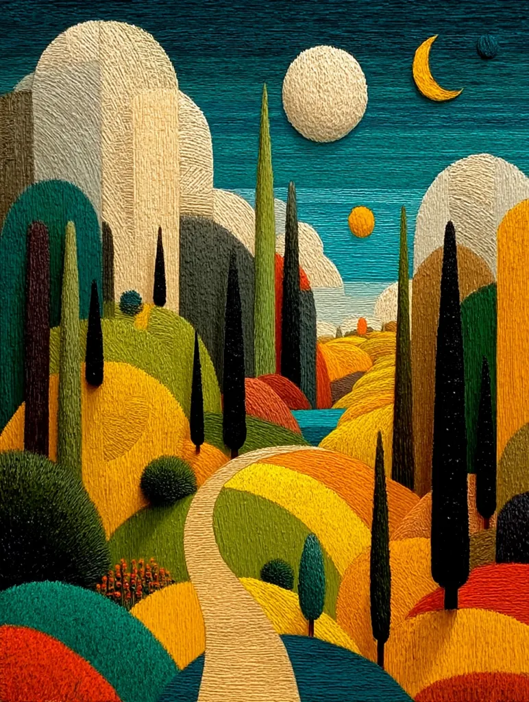 A vibrant, stylized landscape unfolds, rendered in a textured, almost embroidered style.  Rolling hills in warm yellows and oranges are punctuated by dark cypress trees and a winding, light-beige road. The background features a dark blue sky dotted with stylized celestial bodies: a crescent moon and two large, off-white spheres.  The overall effect is dreamlike and evocative of a peaceful, pastoral scene.