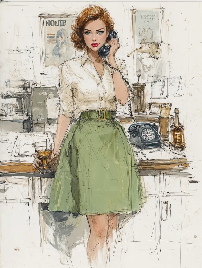 A stylish woman with auburn hair, dressed in a cream blouse and olive green skirt, stands in an office setting.  She holds a rotary phone to her ear and a glass of amber liquid in her other hand. The scene is rendered in a loose, expressive style, with visible sketch lines adding to the artwork's character.  A vintage poster and office paraphernalia are visible in the background.