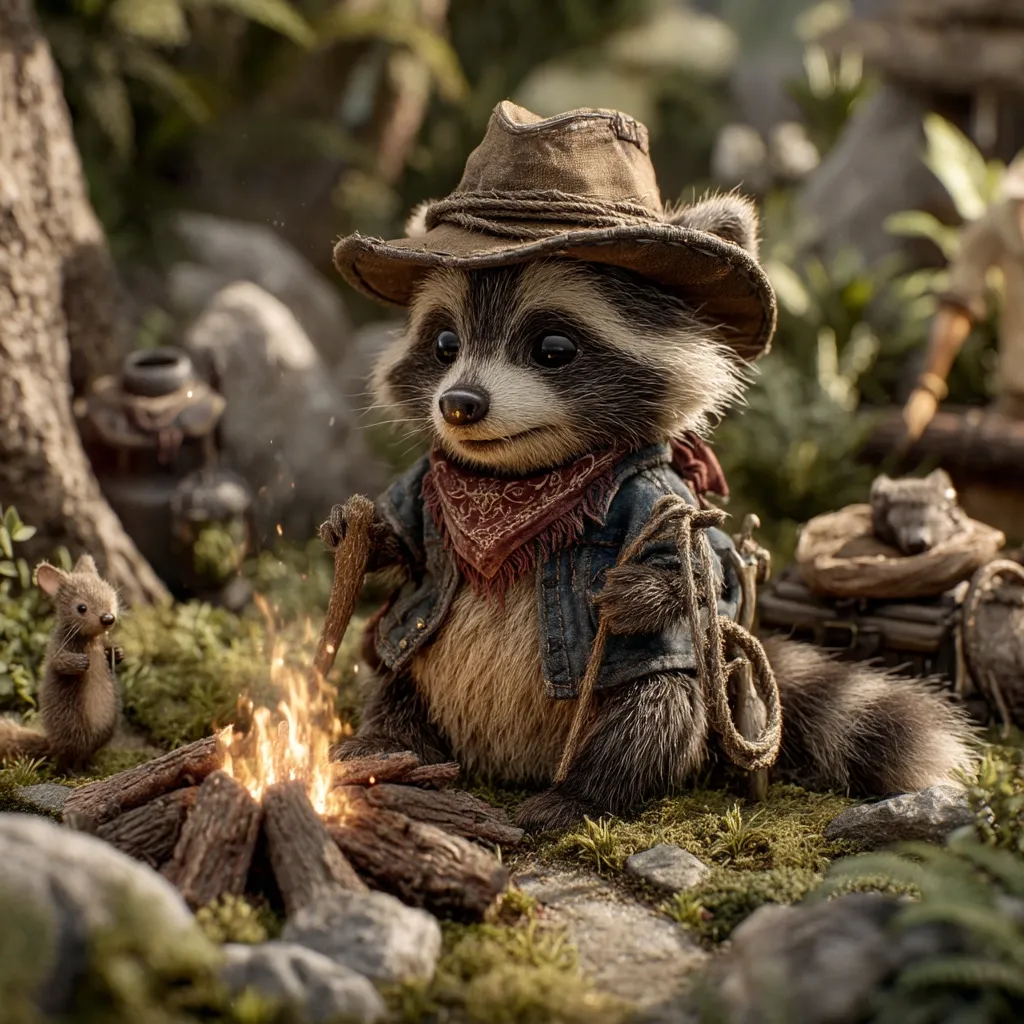 A charming raccoon, dressed in a cowboy hat and denim jacket, sits by a small campfire.  He holds a stick, tending the flames. A tiny mouse observes nearby, and a backpack rests beside the raccoon.  The scene is set in a mossy, woodland environment, bathed in warm, dappled sunlight.  The overall mood is whimsical and peaceful.