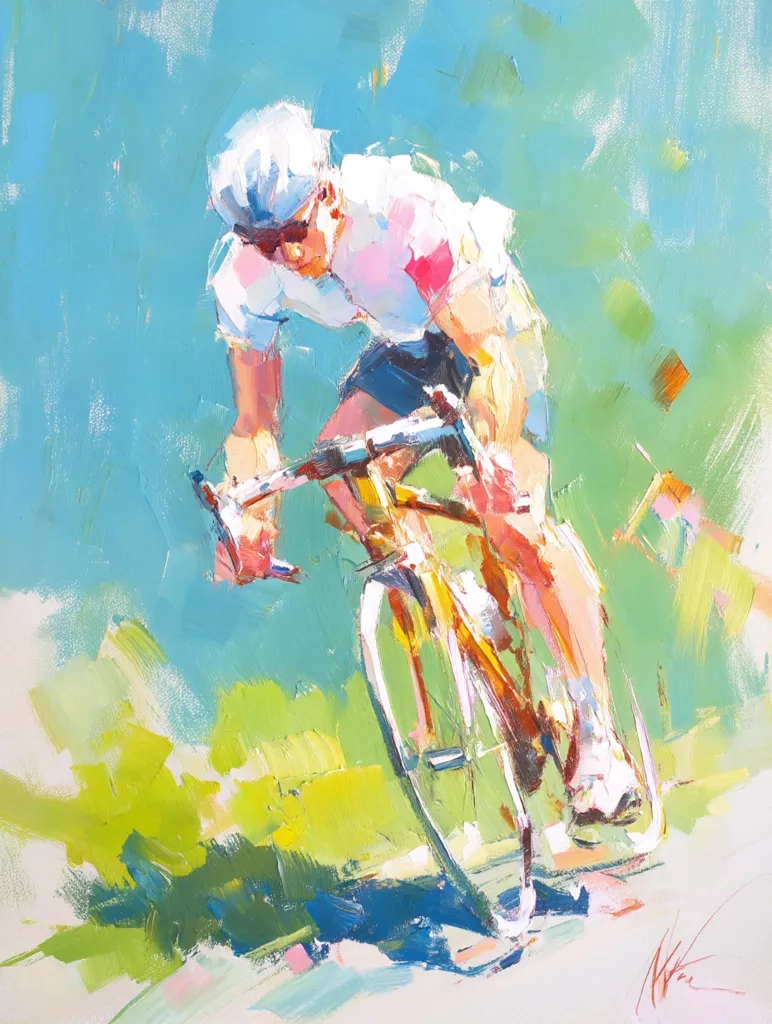 A vibrant, impressionistic painting depicts a cyclist in motion.  The artist uses bold strokes of bright blues, greens, and pinks to capture the speed and energy of the scene. The cyclist, wearing a white helmet and jersey, is hunched over the handlebars, their focus intense. The background is a blurred wash of color, suggesting a landscape rushing past. The overall effect is dynamic and evocative of athleticism.