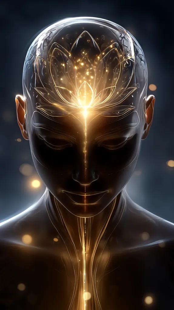 A digital artwork depicts a stylized human head and upper torso, seemingly translucent, with a glowing golden lotus flower inside the cranium.  Golden energy flows down the neck and body. The figure's eyes are closed, suggesting serenity or meditation.  The dark background contrasts with the bright, ethereal light emanating from the lotus. The overall impression is one of enlightenment and inner peace.