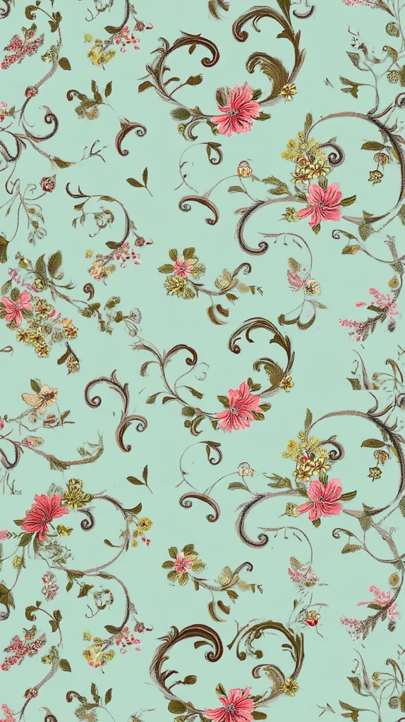 A mint green background is adorned with a repeating pattern of stylized floral designs.  Dark brown swirling vines intertwine with pink and yellow flowers of varying sizes, creating a delicate and romantic aesthetic.  The small flowers and buds add texture and depth to the overall pattern. The design suggests a vintage or antique textile print.