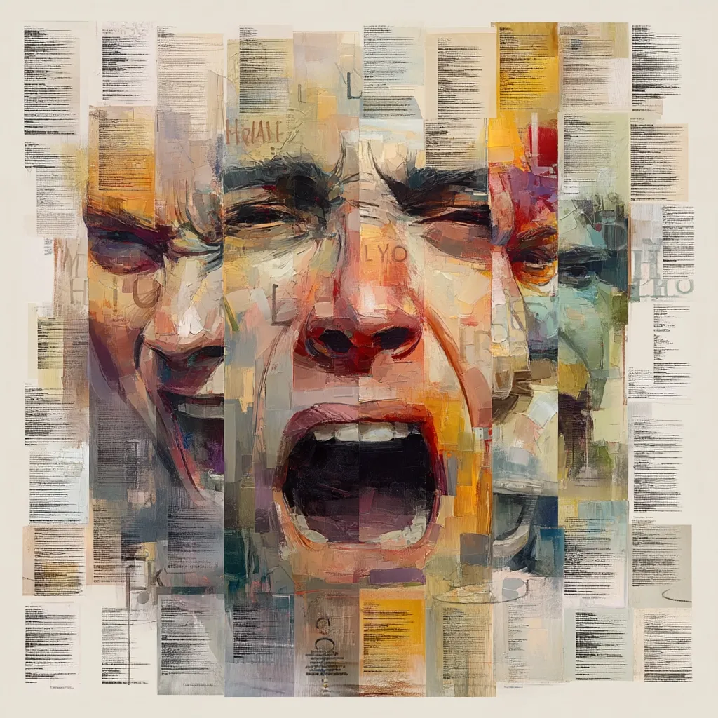 A stylized portrait of a man's face, fragmented and layered, expressing intense emotion.  The painting employs a collage technique, incorporating text fragments over a painterly rendering of a screaming mouth and distorted features. The overall effect is one of powerful anguish and fractured identity, perhaps suggesting mental distress or societal pressure. The palette is primarily muted earth tones with pops of brighter color.