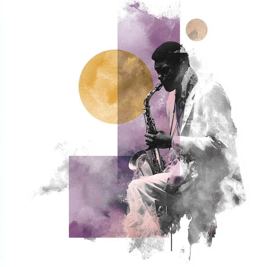 A stylized watercolor painting depicts a saxophonist in a white suit, seated and playing his instrument.  The artwork incorporates abstract shapes and muted purple and gold tones, creating a moody and atmospheric scene.  The musician is rendered in grayscale, contrasting with the colorful background, emphasizing his focused performance.  The overall effect is both modern and evocative of jazz music.