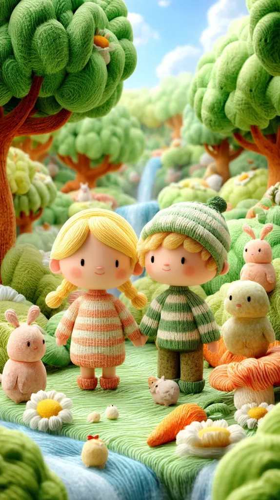 Two adorable knitted children, a girl with blonde pigtails and a boy in a green hat, hold hands in a whimsical yarn-textured landscape.  Surrounding them are fluffy bunnies, chicks, flowers, and mushrooms, all crafted from the same soft, textured material.  A small stream flows gently through the idyllic scene, creating a charming and peaceful setting.