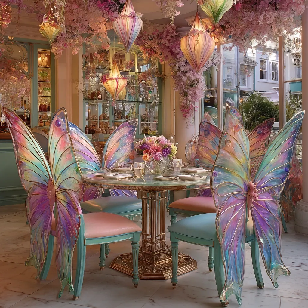 A whimsical dining area features a round glass-topped table with ornate gold legs.  Surrounding it are four chairs, each with large, iridescent butterfly wings as backrests, showcasing pastel rainbow hues.  The room is adorned with delicate pink floral decorations hanging from the ceiling and soft lighting from elegant pendant lamps. The overall aesthetic is enchanting and dreamlike.