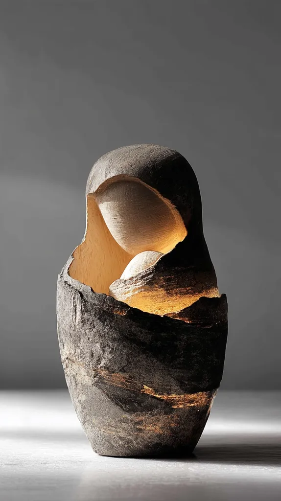 A sculptural lamp, resembling a mother and child, is crafted from dark grey stone. The outer shell is rough and textured, contrasting with the smooth, light-colored inner figures.  A soft, warm light emanates from within the carved recesses, creating a serene and contemplative mood. The piece is minimalist yet evocative, showcasing a blend of textures and a unique artistic style.