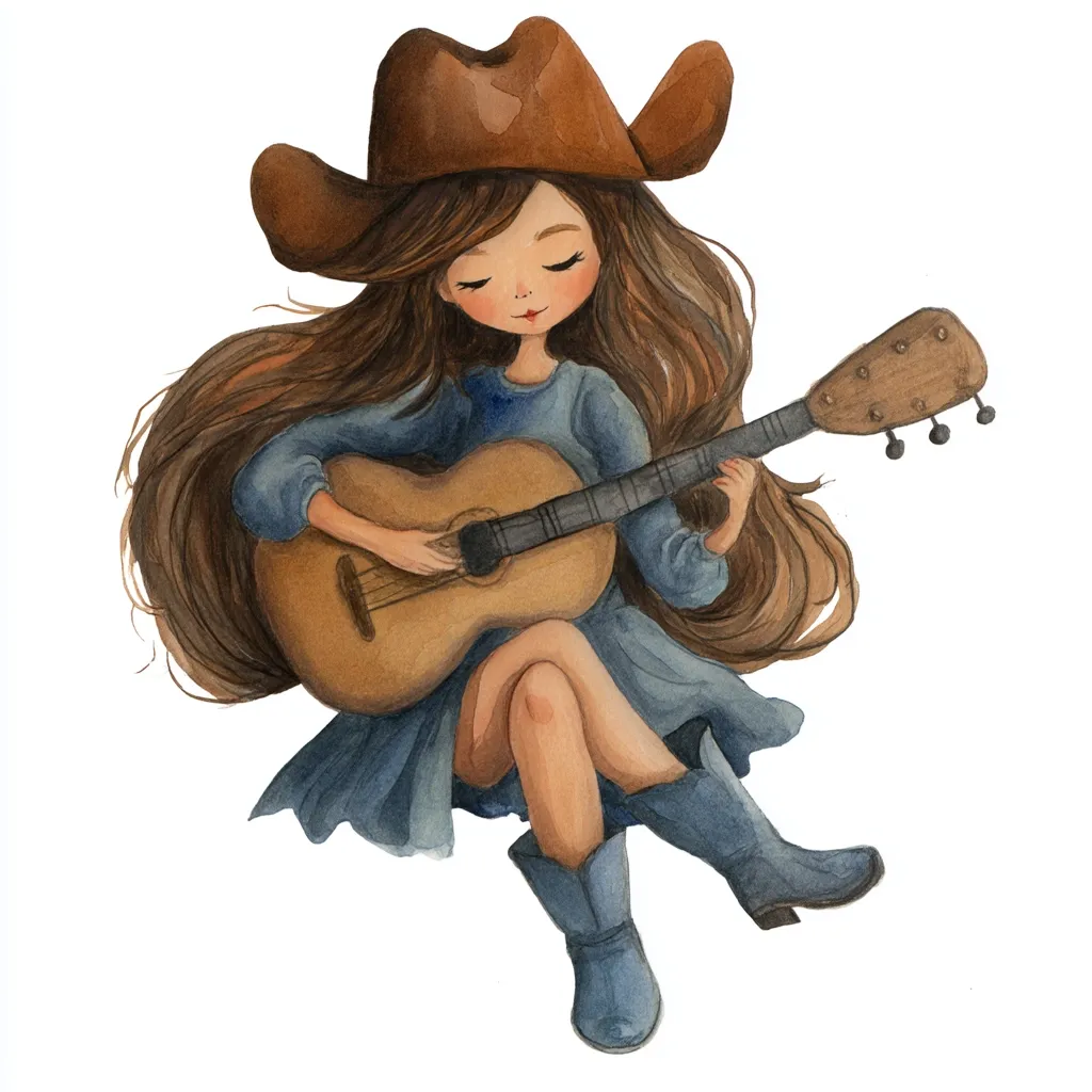 A watercolor illustration depicts a girl with long brown hair wearing a brown cowboy hat and a blue dress.  She sits serenely, eyes closed, playing a classic acoustic guitar.  Her boots are blue, and her pose suggests peaceful concentration. The overall style is whimsical and charming.