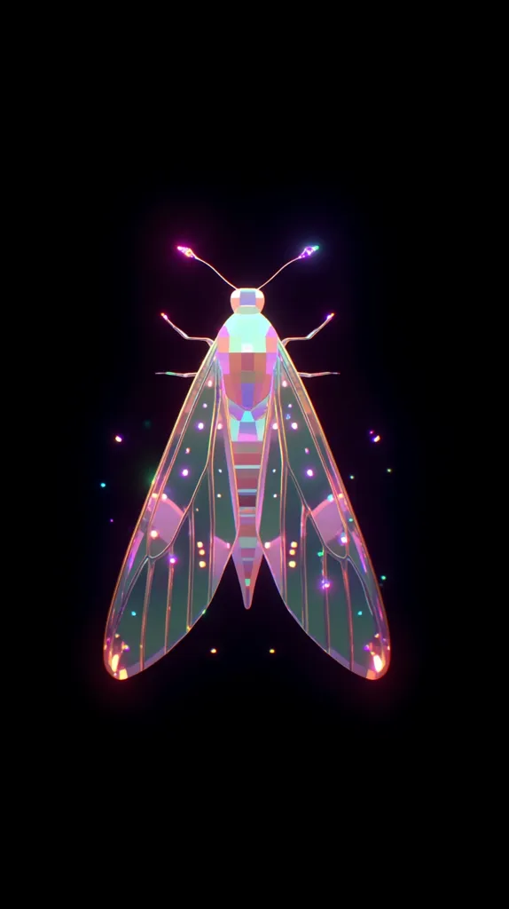A vibrant, iridescent moth is depicted against a stark black background. Its wings are composed of geometric polygons, creating a low-poly effect.  Tiny, glowing particles surround it, enhancing its ethereal quality. The moth's body is a central column of similar geometric shapes, leading to delicate antennae. The overall image is a striking blend of digital art and nature-inspired design.