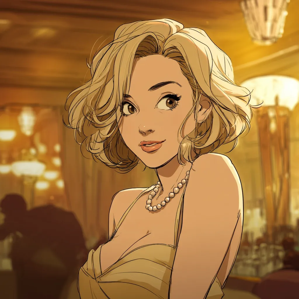 A stylized illustration depicts a young woman with a blonde bob haircut, wearing a light gold, low-cut dress and a pearl necklace. Her expression is subtly alluring, and her pose is suggestive of confidence and sophistication. The background hints at a luxurious, possibly vintage setting, with warm lighting and blurred details suggesting a grand ballroom or hotel.  The overall style is reminiscent of comic book art or graphic novel illustration.