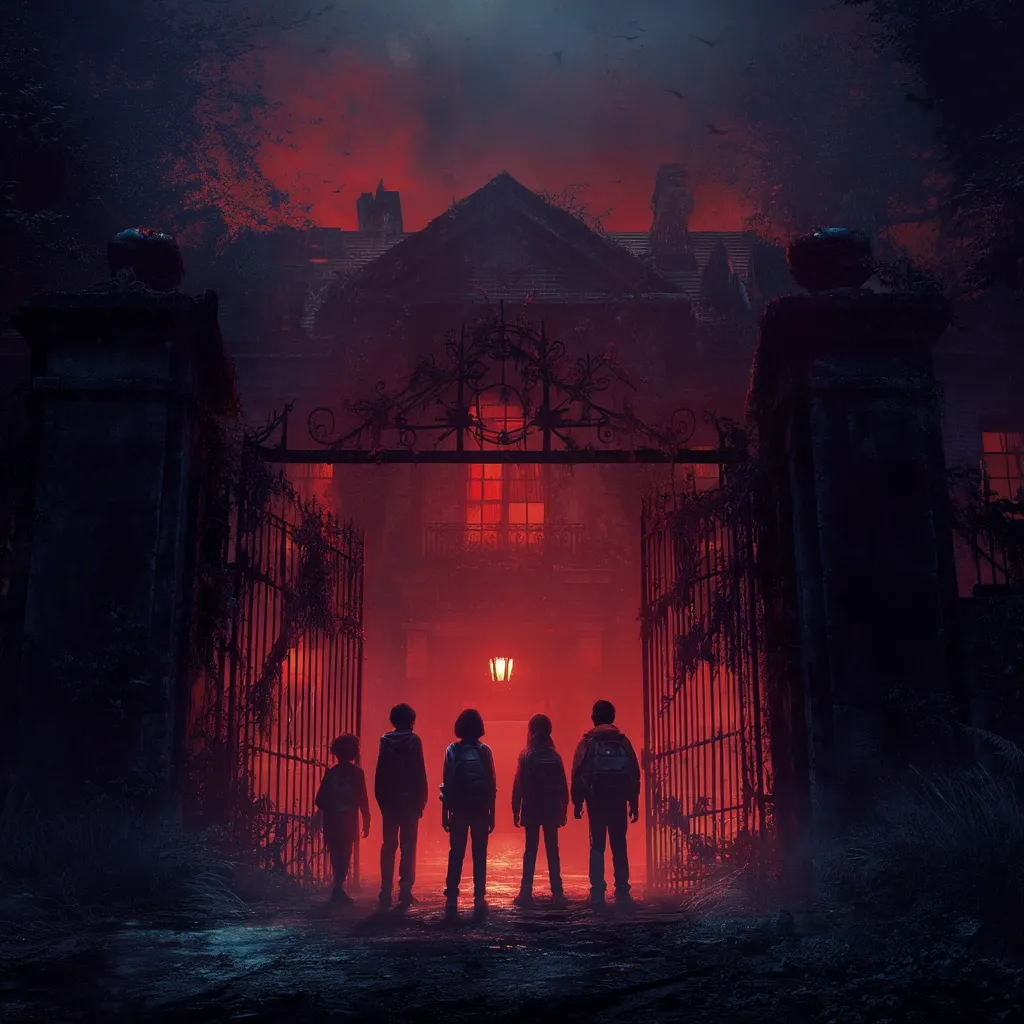 Five silhouetted figures stand before a wrought-iron gate leading to a sinister, dimly lit mansion.  The ominous red glow emanating from the house's windows and a single lantern casts long shadows.  A foreboding atmosphere is created by the dark, overgrown surroundings and a blood-red sky filled with silhouetted birds, suggesting a haunted or supernatural setting.  The scene evokes a sense of mystery and impending danger.