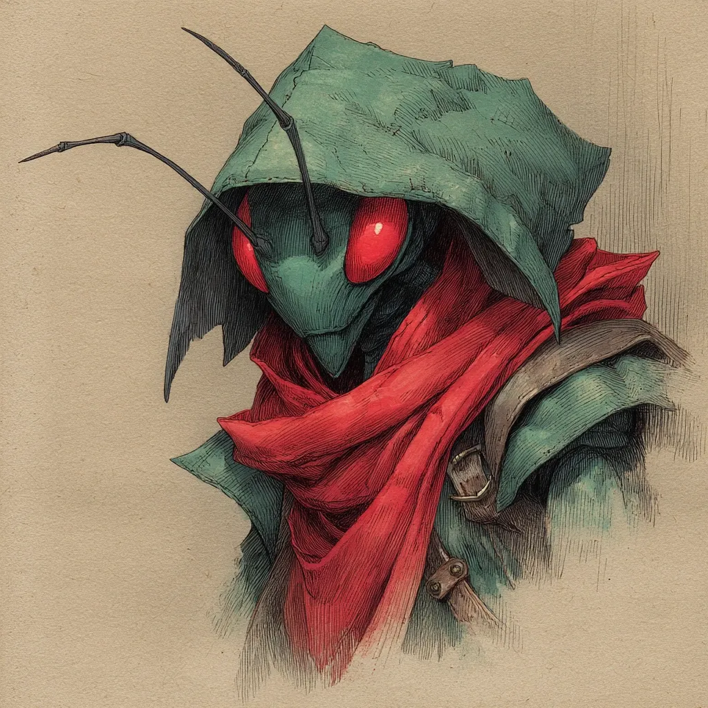 A detailed illustration depicts an insectoid creature, possibly a mantis, wearing a dark green hooded cloak and a vibrant red scarf.  The creature's head features prominent red eyes and antennae, while its body is partially obscured by the clothing.  The style is reminiscent of fantasy character art, with a blend of pencil and watercolor techniques creating texture and depth. The background is a muted beige.