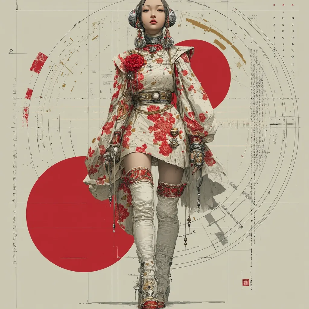 A stylized female figure, possibly a character design, is depicted in a cream and red floral dress, accessorized with ornate gold and metallic elements.  She wears tall white boots and possesses a serene expression. The background features overlapping circles, technical diagrams, and text reminiscent of blueprints or schematics, creating a blend of futuristic and traditional aesthetics.  Red circles provide strong visual accents.
