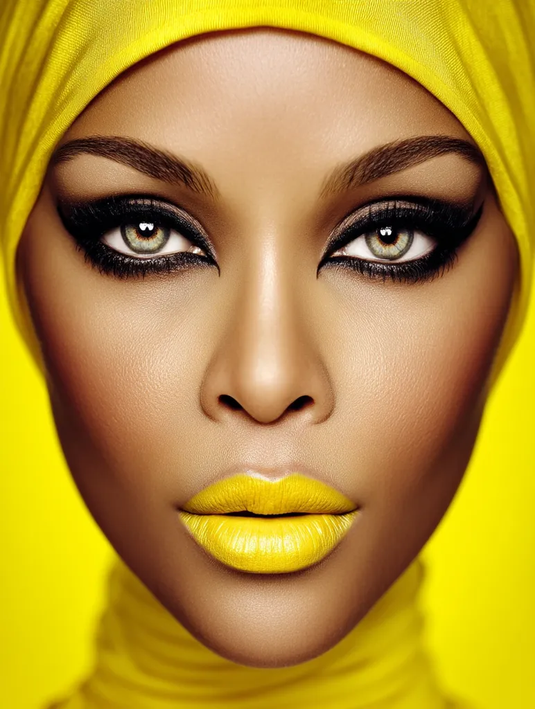 Close-up of a woman's face, adorned with bold winged eyeliner and vibrant yellow lipstick.  Her rich brown skin contrasts beautifully with the bright yellow headscarf she wears. The makeup is dramatic and striking, emphasizing her eyes and lips. The overall image is one of vibrant color and striking beauty.