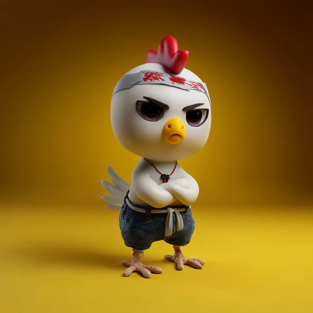 A 3D-rendered image depicts a cute, cartoonish chick with a stern expression.  The chick is dressed in denim shorts and a headband, suggesting a martial arts theme. Its arms are crossed, adding to its tough demeanor.  The overall style is playful yet slightly menacing, set against a solid yellow background.