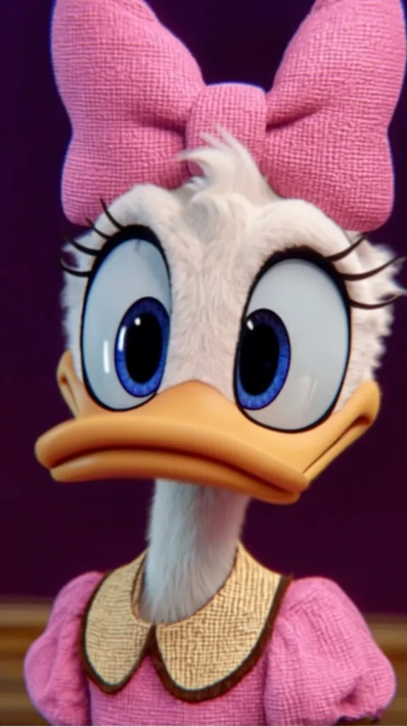 A close-up shot of Daisy Duck, rendered in a realistic style.  She wears a pink dress with a beige collar and a large pink bow in her hair. Her large, expressive blue eyes convey a look of surprise or concern.  The texture of her feathers and clothing is highly detailed. The background is blurred, focusing attention on Daisy.