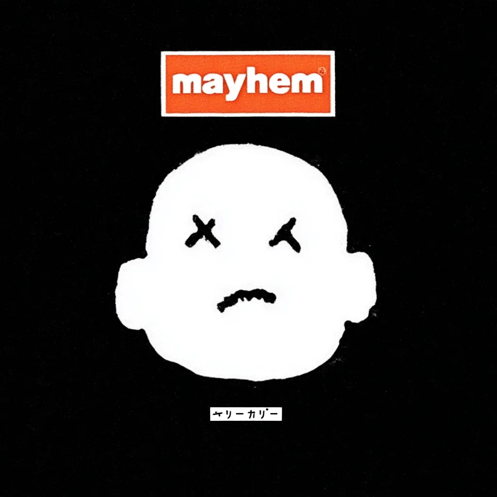 The image is a minimalist design featuring the word "mayhem" in a bold orange rectangle at the top. Below it, a simple white illustration of a baby's face with X's for eyes and a sad mouth is displayed against a black background.  A small, unidentifiable text appears at the bottom. The overall aesthetic is stark and somewhat unsettling.