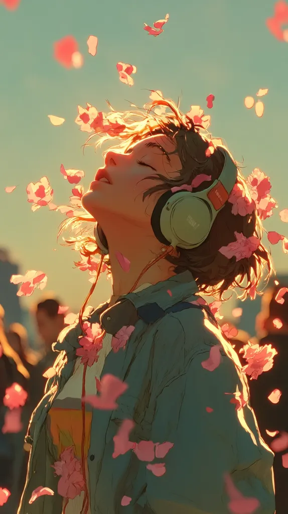 A young woman with headphones on, her eyes closed, basks in the warm sunlight.  Pink cherry blossoms fall around her, creating a serene and peaceful atmosphere. Her teal jacket and the warm light enhance the tranquil mood. The background features blurred figures, suggesting a bustling environment contrasting with the girl's peaceful state. The overall image is one of calm and contentment.