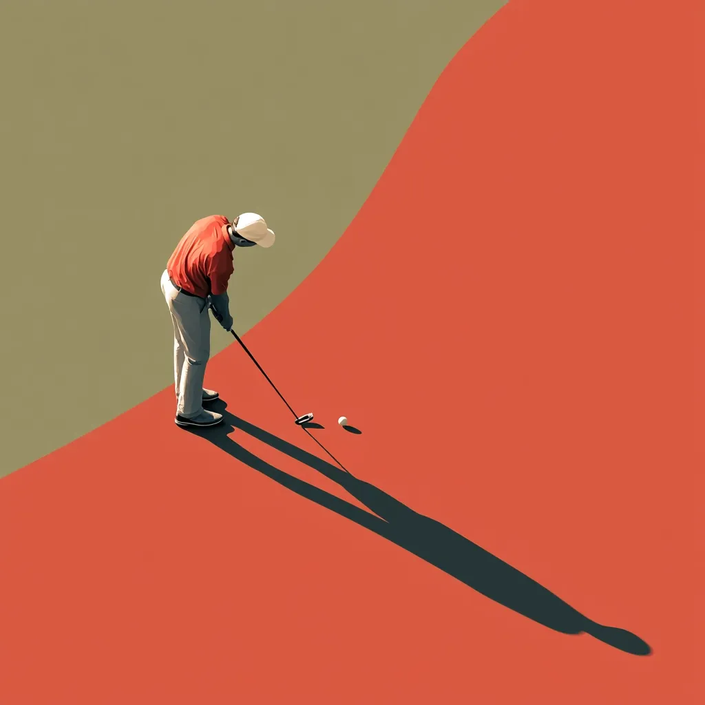 High-angle view of a golfer putting on a vibrant red surface.  The golfer, dressed in a red shirt and beige trousers, is bent over his putter, focused on the ball.  A long shadow stretches across the red surface, which contrasts with a muted green-gray area in the background. The minimalist composition emphasizes the act of putting and the contrast in colors.