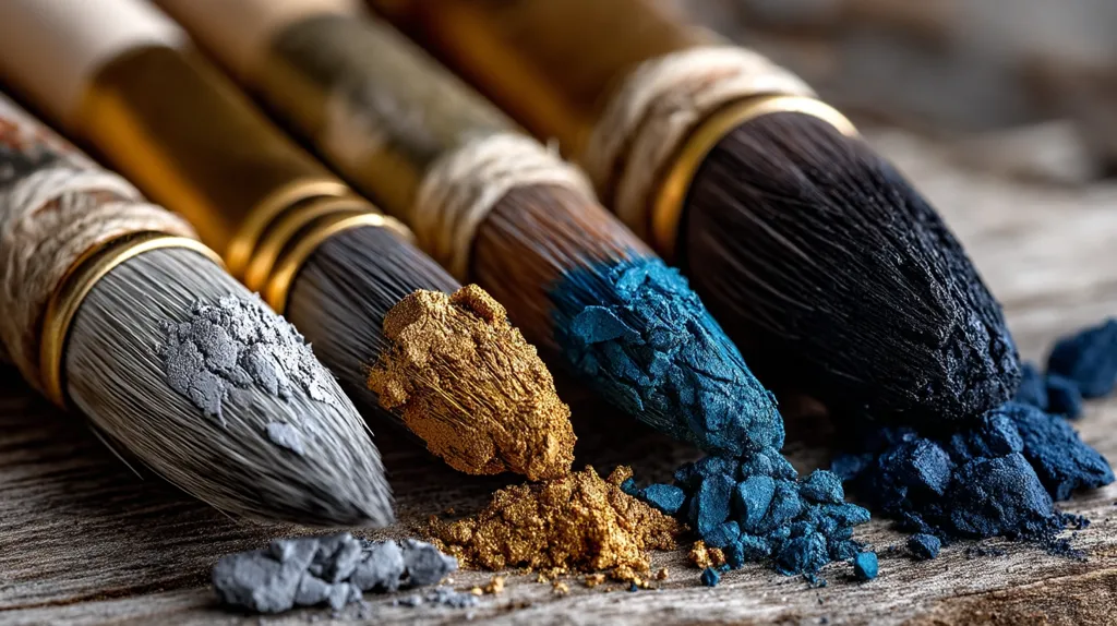 Close-up view of four paintbrushes with dried paint on their bristles.  The brushes are high-quality, with visible gold ferrules and textured handles.  The paints are shades of gray, gold, and blue, creating a vibrant, artistic scene.  The paint spills onto a rustic wooden surface, enhancing the overall texture and visual appeal.