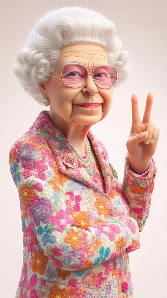 A stylized digital portrait of Queen Elizabeth II. She is depicted as an elderly woman with white hair styled in a classic updo, wearing pink-toned glasses and a vibrant floral jacket.  A pearl necklace adorns her neck.  She's giving a peace sign with one hand, showcasing a cheerful and playful expression.  The overall style is whimsical and modern.