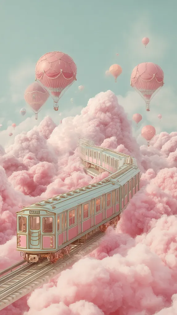 A pastel-colored train travels along a track winding through fluffy pink clouds.  Several pink hot air balloons drift in the sky, creating a whimsical, dreamy scene. The overall aesthetic is soft, romantic, and fantastical, evoking a sense of wonder and gentle adventure.