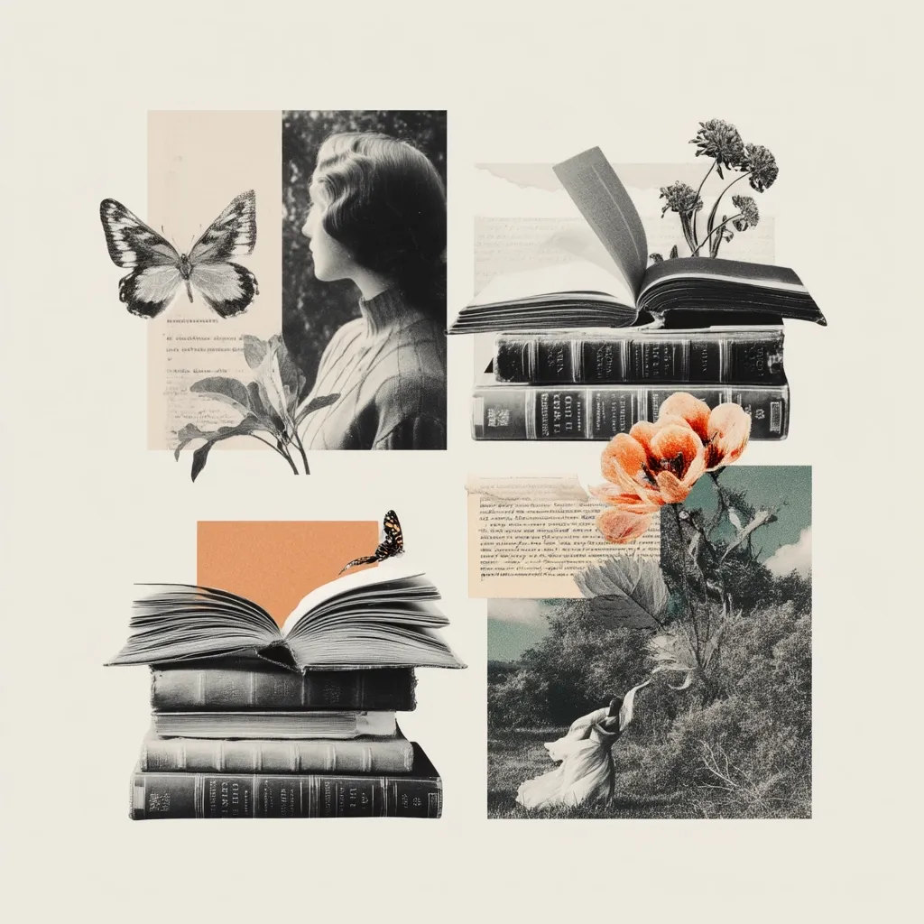 A visually appealing collage features stacks of vintage books, interspersed with black and white photographs of a woman and a nature scene.  Butterflies and delicate flowers add a touch of whimsy and romance.  The overall aesthetic is nostalgic and evokes a feeling of quiet contemplation and literary appreciation.  Text fragments are subtly incorporated, enhancing the collage's artistic texture.