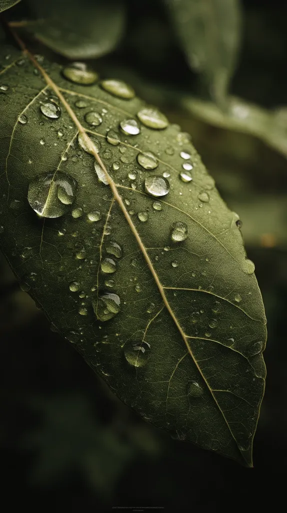 A close-up shot reveals a single, dark green leaf adorned with numerous water droplets.  The droplets vary in size, clinging to the leaf's surface, highlighting its intricate vein structure.  The background is blurred, creating a shallow depth of field and emphasizing the leaf's texture and the glistening water.  The overall mood is dark and moody, with a focus on natural details.