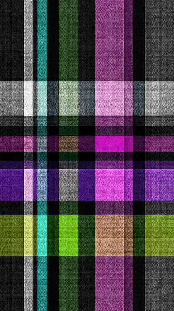 A vibrant plaid pattern features a grid of intersecting vertical and horizontal stripes in various colors.  Shades of purple, pink, green, gray, and black dominate the design, creating a bold and textured effect. The pattern suggests a woven fabric, with a subtle texture visible within each colored stripe.  The colors are rich and saturated, making it a visually striking image.