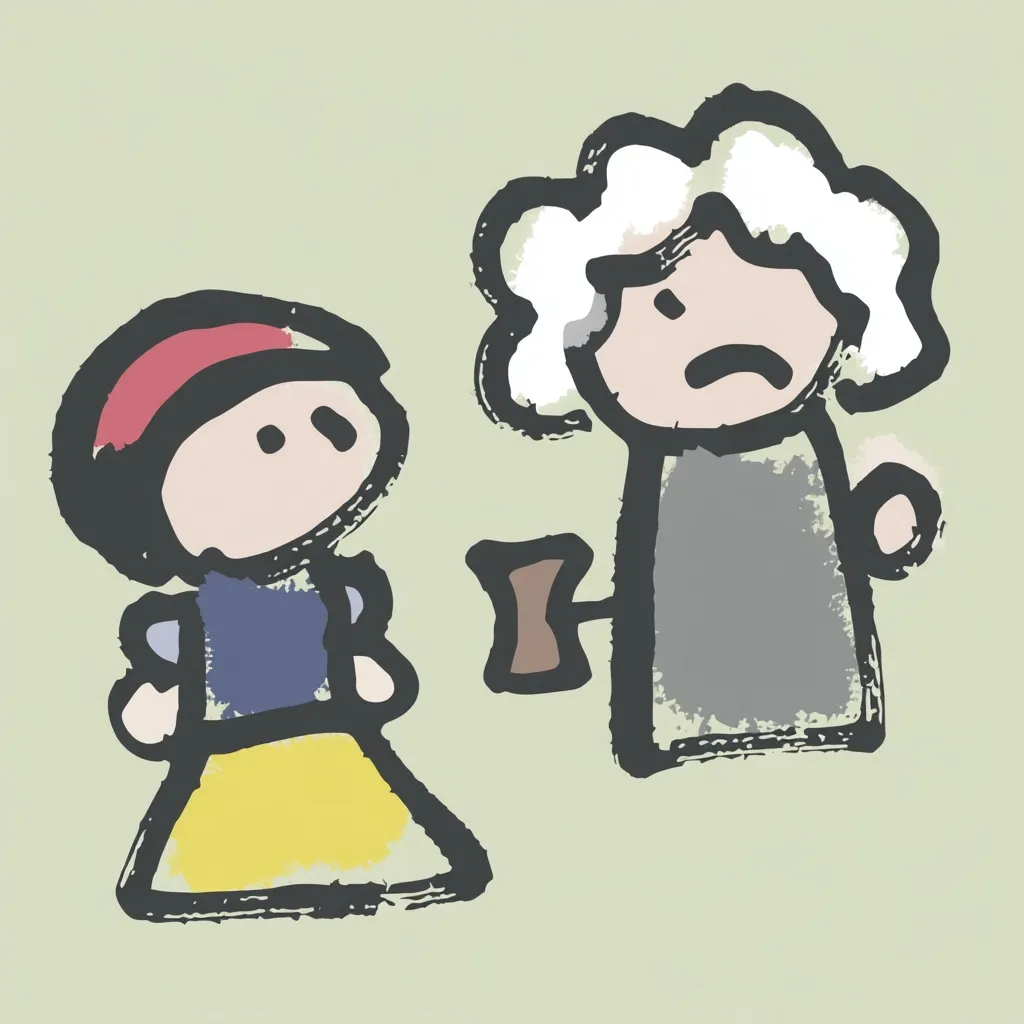 A childlike drawing depicts Snow White, in her iconic yellow and blue dress, standing before a stern-looking woman with white, curly hair.  The woman holds what appears to be a gavel, suggesting a judge or authority figure. The style is simplistic and uses bold outlines with textured, slightly messy coloring. The overall tone suggests a scene of judgment or confrontation.