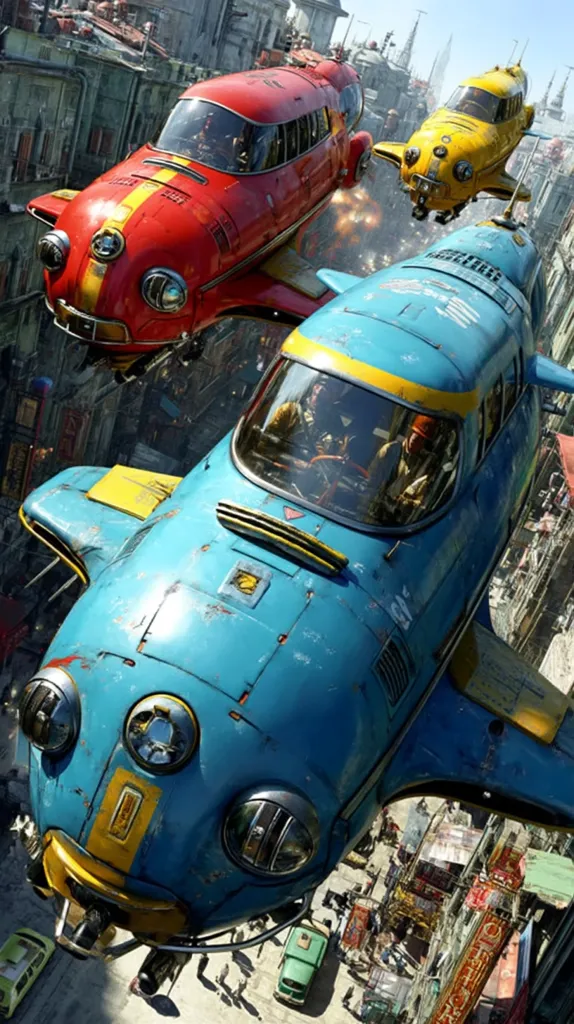 Three retro-futuristic flying cars soar above a bustling, densely packed city.  The cars are vibrant; one red, one teal, and one yellow, each with unique designs.  They appear to be in flight, possibly engaged in a race or aerial pursuit. The city below is a mix of old and new architecture, suggesting a blend of historical and technological eras. The scene is dynamic and evokes a sense of adventure.