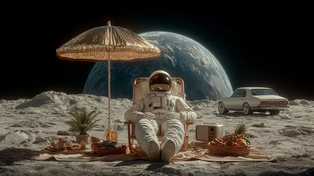 An astronaut relaxes in a deck chair on the moon's surface under a golden parasol. A picnic basket with fruit and drinks is nearby, along with a vintage-style radio. A classic car sits in the background, and Earth is visible in the distance. The scene is surreal and peaceful, blending elements of space exploration and leisure.