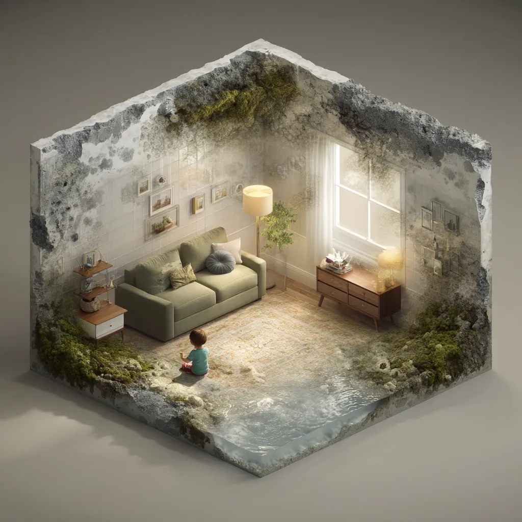 A digitally rendered isometric view of a living room, partially encased in a crumbling concrete shell.  Mold and moss encroach from the cracks, contrasting with the interior's furnished setting. A child sits on the floor, seemingly unaware of the encroaching nature.  The scene suggests themes of decay, environmental damage, or the fragility of domestic life.  Light streams in from a window, illuminating the juxtaposition of nature and home.