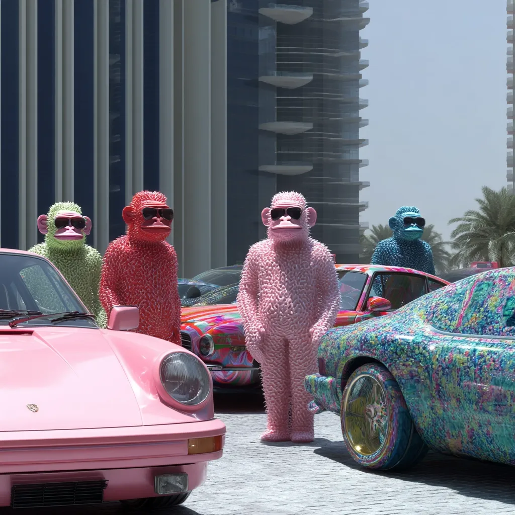 Four fuzzy, spiky monkey sculptures, each wearing sunglasses, stand in front of a row of brightly colored classic sports cars. The monkeys are light green, red, pink, and blue, mirroring the hues of the cars.  The scene is set against the backdrop of modern high-rise buildings and palm trees on a sunny day, suggesting a luxurious outdoor setting.