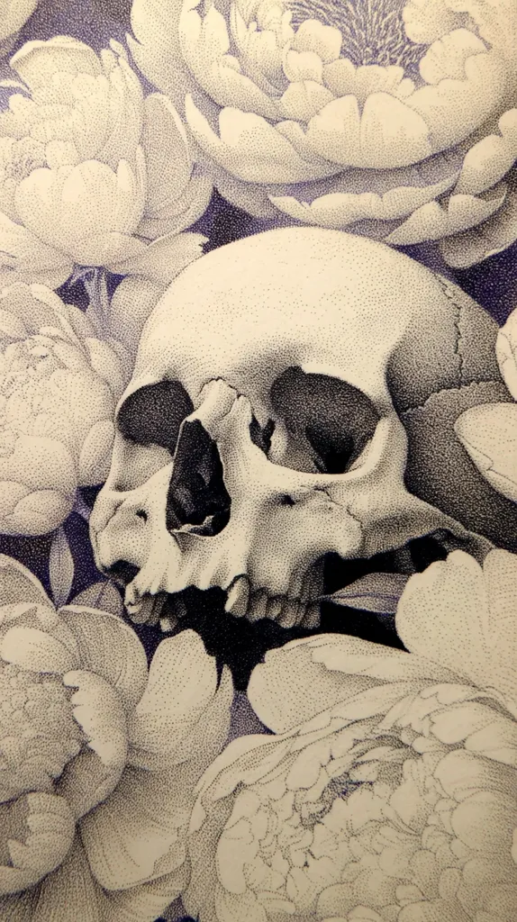 A detailed pointillist drawing depicts a human skull nestled amongst a profusion of peonies.  The skull is rendered in varying shades of gray, showcasing its texture and bone structure. The peonies, rendered in a similar pointillist style, are soft and light in contrast to the skull's darker tones. The overall effect is a striking juxtaposition of life and death, beauty and decay.